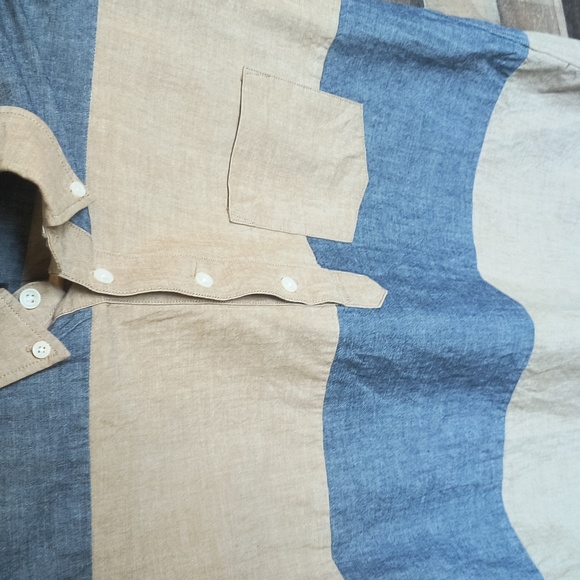 J.Crew Chambray Beige And Denim Color Block Short Sleeve Popover Shirt Sz Med - Picture 4 of 15